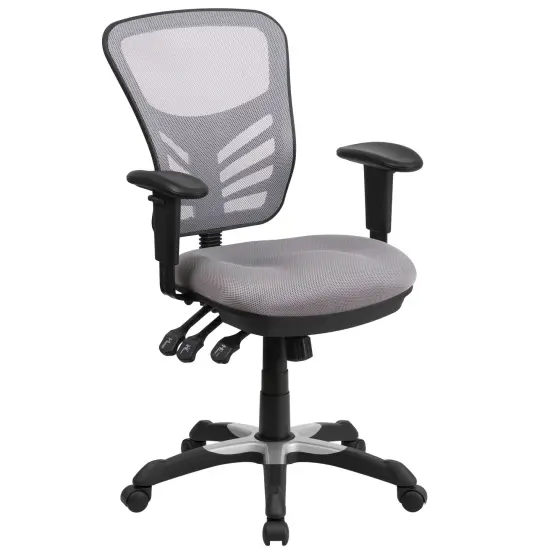 Emma and Oliver Mid-Back Mesh Triple Paddle Swivel Ergonomic Office Chair with Adjustable Arms Gray {1}