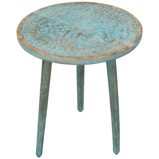 Northlight 22" Antique Blue Engraved Wooden Tri Leg Round Side Table {1}