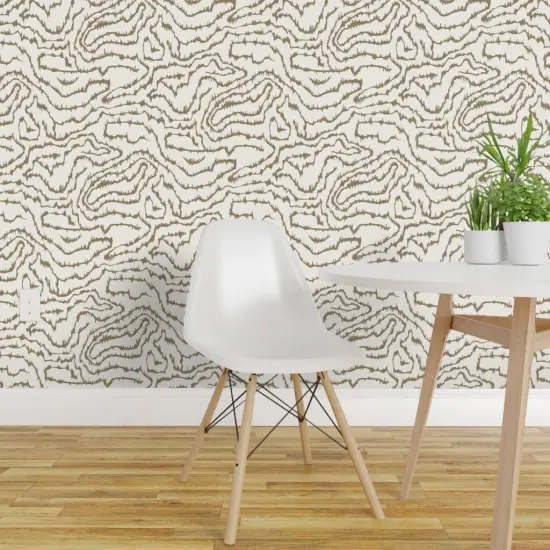Peel & Stick Wallpaper 2FT Wide Abstract Wood Grain Brown On Cream Faux Bois Neutral Earth Tone Wavy Lines Custom Removable Wallpaper by Spoonflower {1}