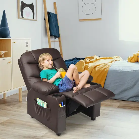 Kids Recliner Chair with Cup Holders Suitable for Children's Room, Living Room and Bedroom Brown {5}