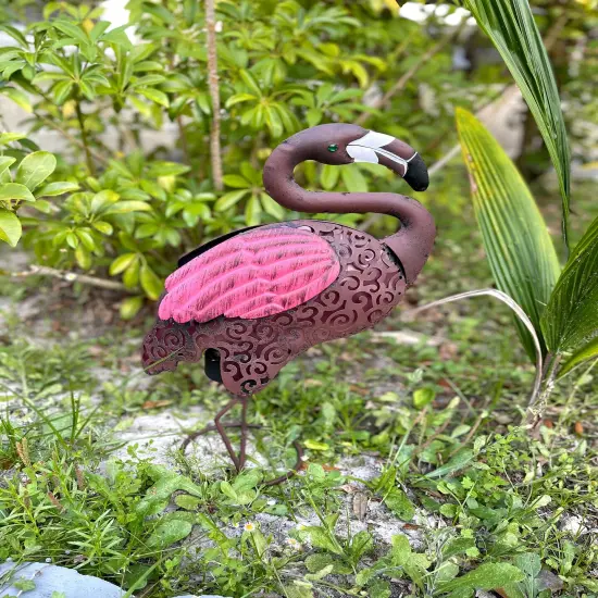 Pink Flamingo Metal Art Filigree LED Lighted Solar Garden Statue {5}