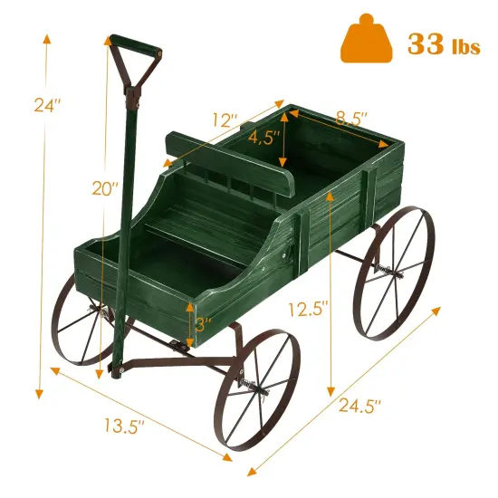 Rustic Wooden Wagon Planter with Metal Wheels Small Garden Cart for Flowers Outdoor Decor Green {5}