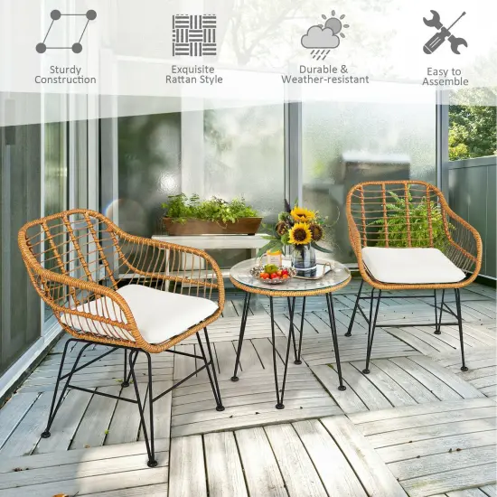 3 Pieces Rattan Furniture Set with Cushioned Chair Table White {3}