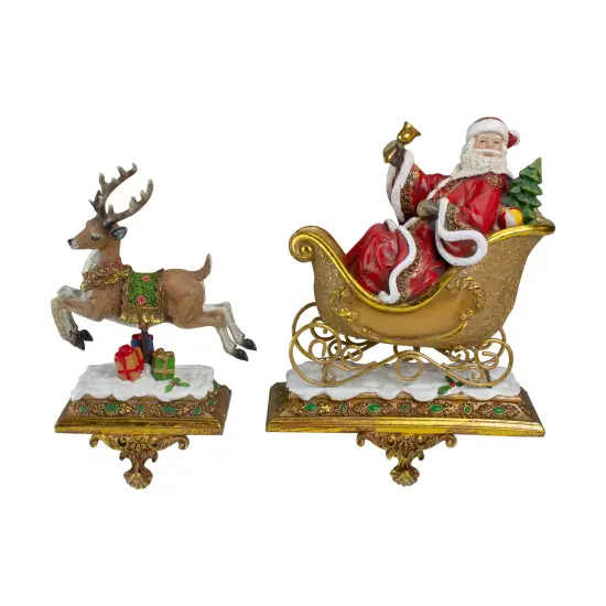 Roman Set of 2 Brown and Red Santa Claus with Reindeer Christmas Stocking Holders 9.5" {1}