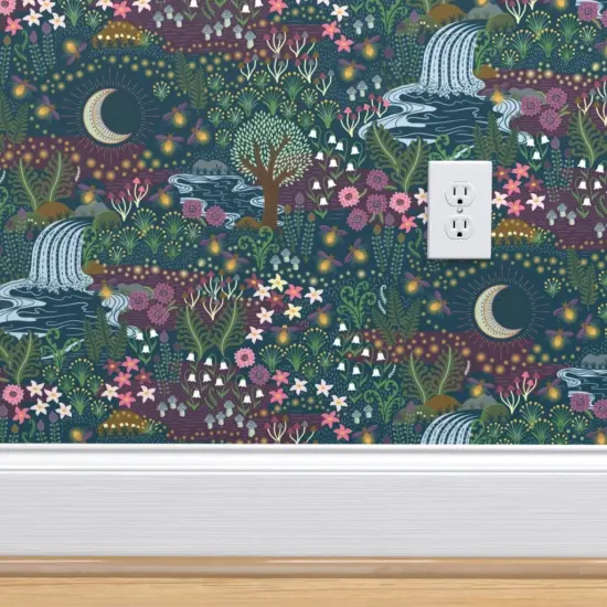 Pre-Pasted Wallpaper 2FT Wide Green Garden Nigh Moon Meadow Fireflies Magical Waterfall Dreamy Landscape Hand Painted Whimsical Nightlife Floral Botanical Small Scale Custom Pre-pasted Wallpaper by Spoonflower {4}