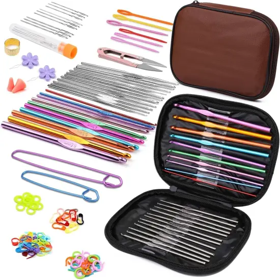 54 Pcs Crochet Needles Set, Crochet Hooks Kit with Storage Case, Ergonomic Knitting Needles Blunt Needles Stitch Marker DIY Hand Knitting Craft Art Tools for Beginners 110Pcs-Brown {1}