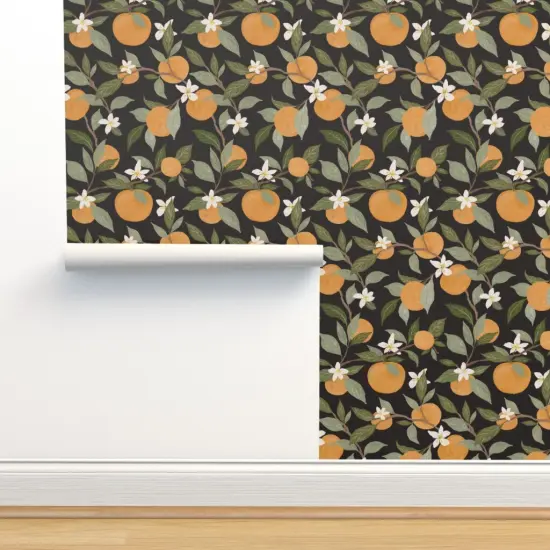 Pre-Pasted Wallpaper 2FT Wide Oranges Citrus Fruit Botanical Leaves Dark Background Custom Pre-pasted Wallpaper by Spoonflower {2}