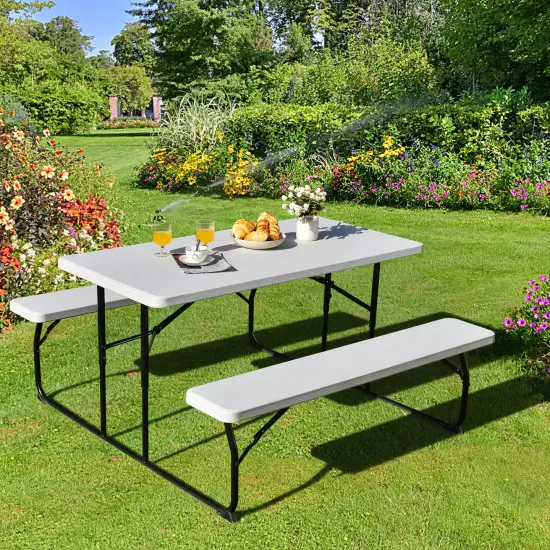 Costway Folding Picnic Table & Bench Set for Camping BBQ w/ Steel Frame White/Balck {2}