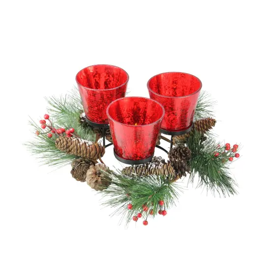 CC Christmas Decor 8" Red Triple Speckled Glass Candle Holder Wreath with Pinecones {3}