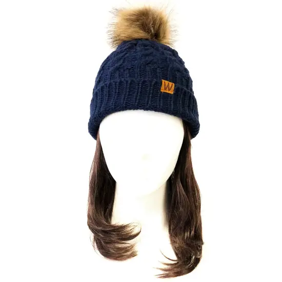 Wrapables Winter Warm Cable Knit Faux Fur Pom Pom Beanie Adult Dark Blue {2}
