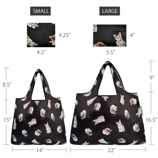 Wrapables Large & Small Foldable Tote Nylon Reusable Grocery Bags, Set of 2 Cute Kitty {2}