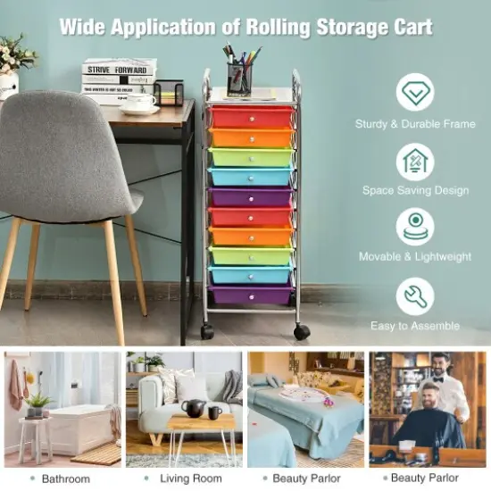 10-Drawer Rolling Storage Cart with Lockable Wheels and Steel Frame for Home or Office Use Multicolor {3}