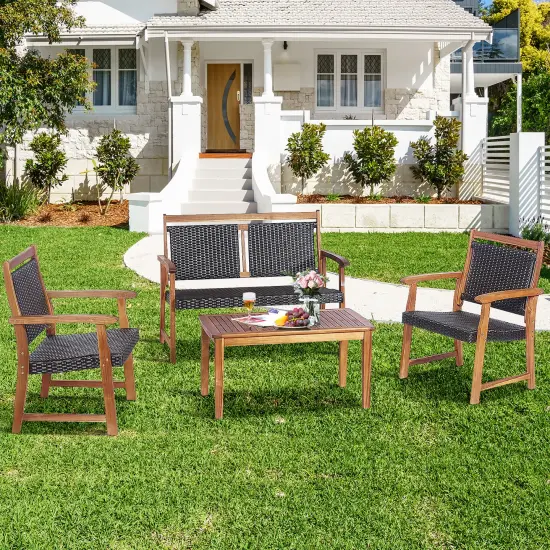 Costway 4 PCS Patio Rattan Furniture Set Acacia Wood Frame Sofa Loveseat Garden {1}