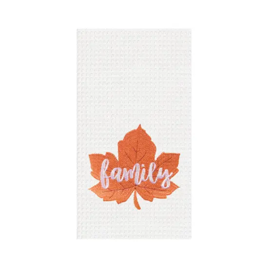 "Family" Leaf Embroidered Waffle Weave Kitchen Autumn Dishtowel {1}