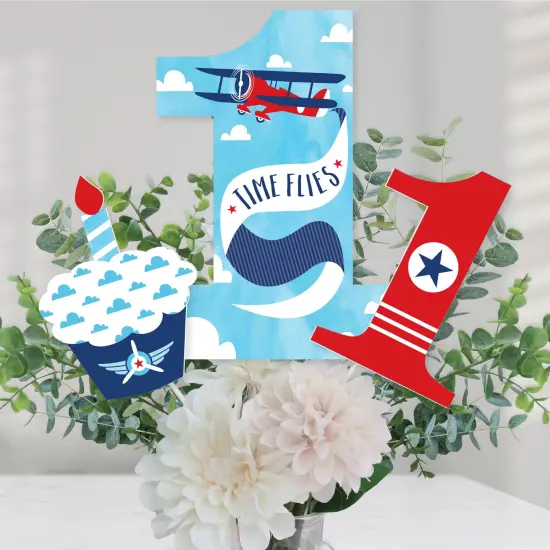 Big Dot of Happiness 1st Birthday Taking Flight - Airplane - Vintage Plane First Birthday Party Centerpiece Sticks - Table Toppers - Set of 15 {1}