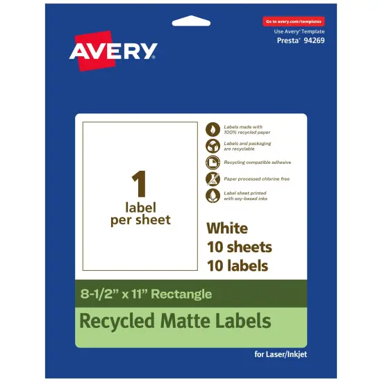 Avery Recycled Matte White Labels,8-1/2" x 11" Rectangle {7}