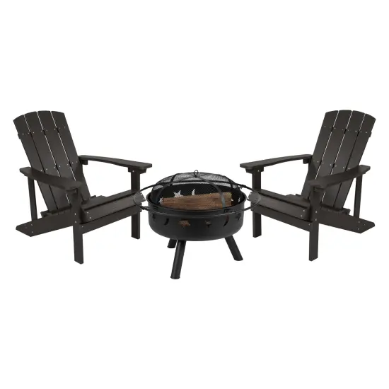 Merrick Lane Ayala 3 Piece Outdoor Leisure Set with Set of 2 Poly Resin Adirondack Chairs and Star and Moon Iron Fire Pit Slate Gray {1}