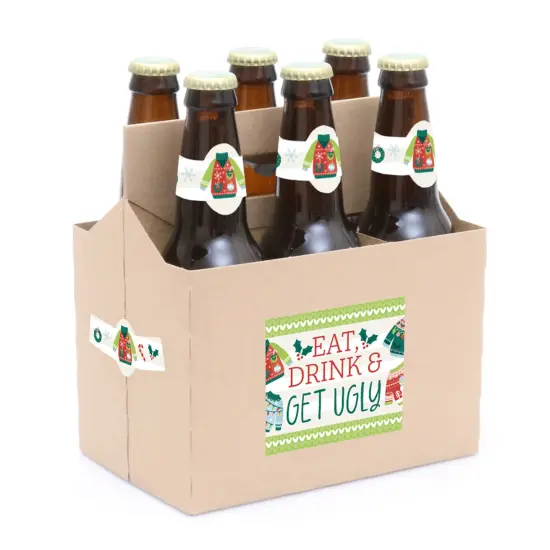 Big Dot of Happiness Colorful Christmas Sweaters - Ugly Sweater Holiday Party Decorations - 6 Beer Bottle Label Stickers and 1 Carrier {4}
