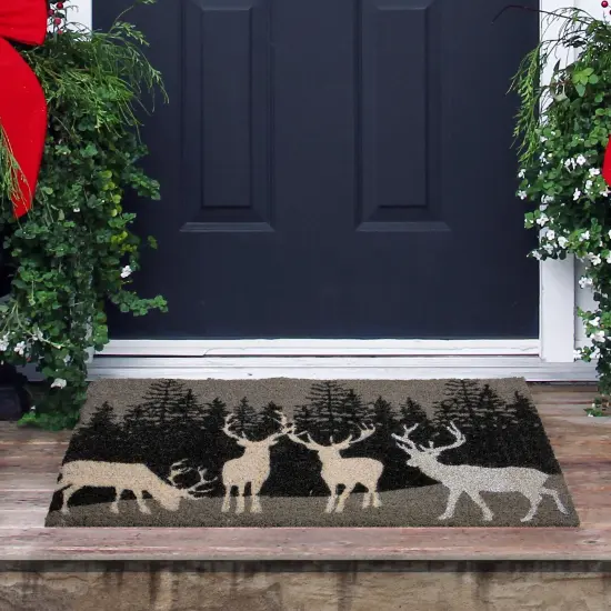 Northlight Natural Coir Rectangular Forest Reindeer Christmas Doormat 18" x 30" Black {3}