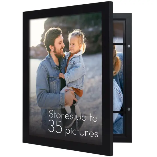 Americanflat Quick-Change Photo Storage Display Frame - Store up to 35 Pictures at Once with Elastic Strap Storage - Shatter Resistant Glass - Hanging Hardware - Includes Easel - Black {1}