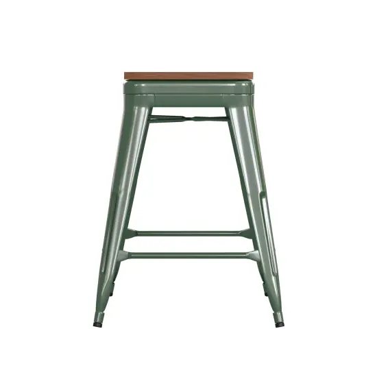 Emma and Oliver Kam Backless Metal Indoor-Outdoor Stool with All-Weather Polystyrene Seat Green/Teak {3}