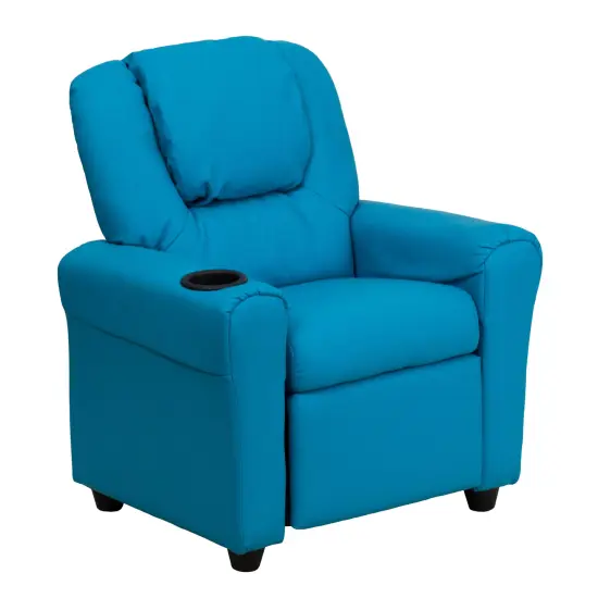 Emma and Oliver Contemporary Kids Recliner with Cup Holder and Headrest Turquoise Vinyl {1}