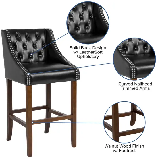 Merrick Lane Hadleigh Upholstered Barstool 30" High Transitional Tufted Barstool with Accent Nail Trim Black LeatherSoft {2}