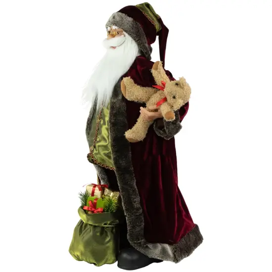 Northlight 32" Burgundy Santa Claus with Teddy Bear and Gift Bag Christmas Figure Red {5}