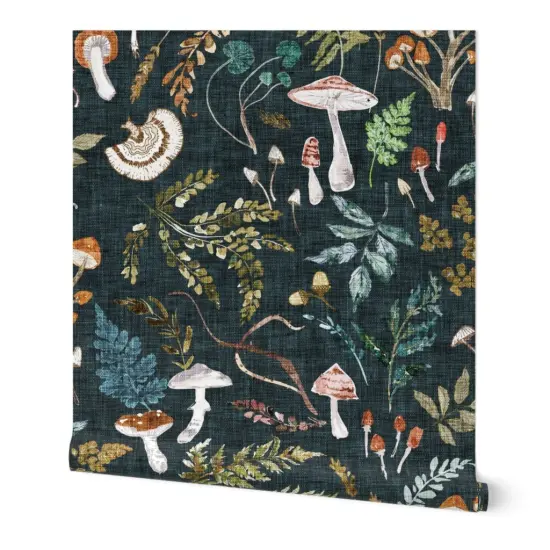 Peel & Stick Wallpaper 2FT Wide Mushrooms Moody Botanical Woodland Ferns Leaves Nature Cottagecore Custom Removable Wallpaper by Spoonflower {7}