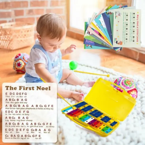 Portable Kids Glockenspiel Chromatic Metal Xylophone with 25 Tunes and 15 Rainbow Color Notes with 2 Full Octaves Yellow {2}