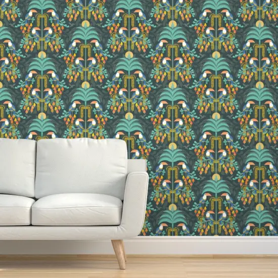 Peel & Stick Wallpaper 2FT Wide Rainforest Damask Dark Tropical Forest Exotic Birds Fruit Soft Orange Coral Salmon Bright Pastel Boho Yellow Mint Blue Large Scale Custom Removable Wallpaper by Spoonflower {5}