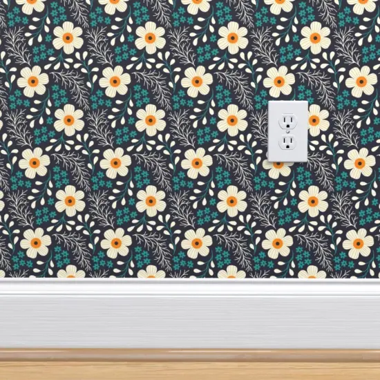 Peel & Stick Wallpaper 2FT Wide Blue Leaves Hand Drawn Garden Daisy Ditsy Meadow Boho Camomile Floral Botanical Modern Cottage Cottagecore Small Scale Custom Removable Wallpaper by Spoonflower {4}
