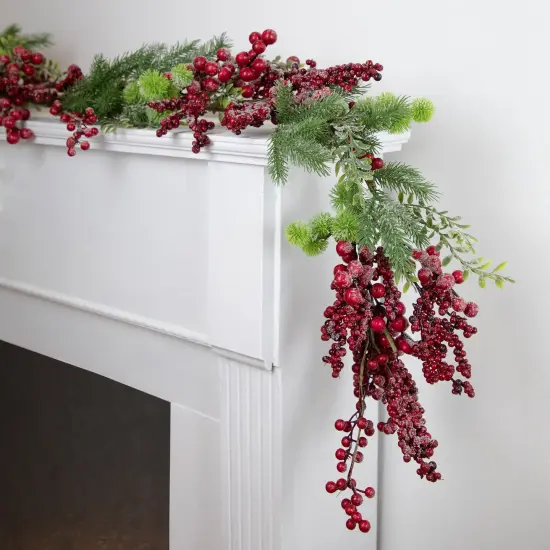 Northlight Frosted Red Berry, Burrs and Pine Artificial Christmas Garland - 5' x 8" - Unlit Green {3}