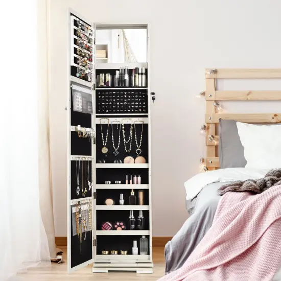 360&deg; Rotatable Armoire 2-in-1 Lockable Mirrored Jewelry Cabinet White {6}