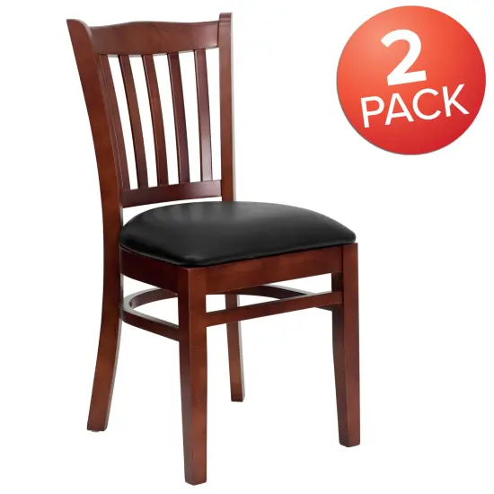 Emma and Oliver 2 Pack Vertical Slat Back Wooden Restaurant Chair BlackVinyl/Mahogany {5}