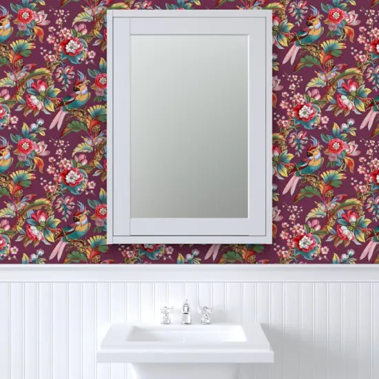 Peel & Stick Wallpaper 2FT Wide Purple Antique Birds Palm Jungle Tropical Magenta Burgundy Wine Mauve Botanical Parrot Victorian Edwardian Art Nouveau Large Scale Custom Removable Wallpaper by Spoonflower {6}