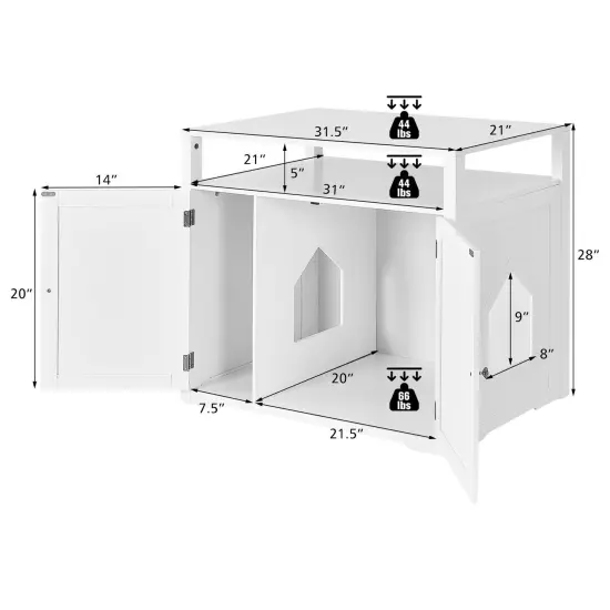 Wooden Cat Litter Box Enclosure Hidden Cat Washroom with Storage Layer White {5}