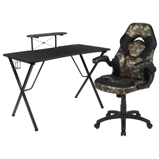 Emma and Oliver Gaming Desk and Racing Chair Set with Headphone Hook, and Monitor Stand Camouflage {1}