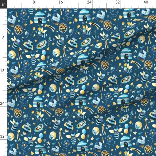 Various Fabrics by the Yard or Fat Quarter Whimsical Bees Outer Space Celestial Night Sky Exploration Astronauts Blue Yellow Custom Printed Fabric by Spoonflower {1}