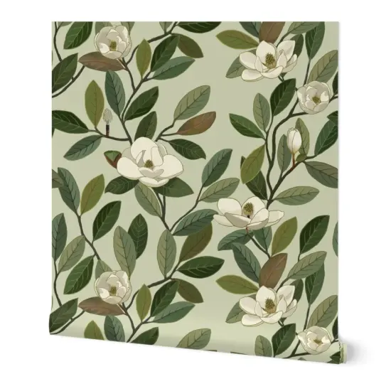 Peel & Stick Wallpaper 2FT Wide Magnolia Blooms Green White Flowers Botanical Floral Custom Removable Wallpaper by Spoonflower {7}
