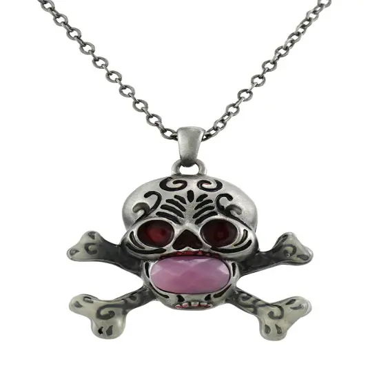 Solid Pewter Day of the Dead Skull Pendant w/ Faceted Pink Stone {1}