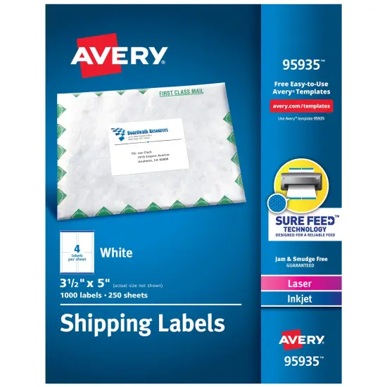 Avery Shipping Labels, Sure Feed Technology, Permanent Adhesive, 3-1/2" x 5", 1,000 Labels (95935) {1}