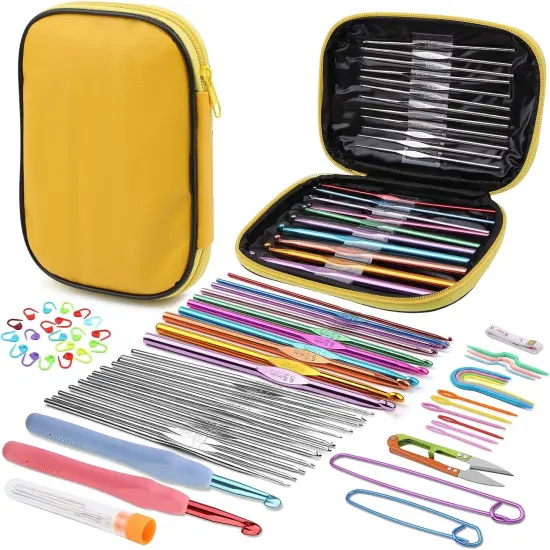 54 Pcs Crochet Needles Set, Crochet Hooks Kit with Storage Case, Ergonomic Knitting Needles Blunt Needles Stitch Marker DIY Hand Knitting Craft Art Tools for Beginners Yellow {1}