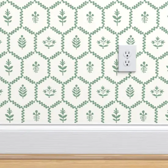 Pre-Pasted Wallpaper 2FT Wide Farmhouse Chic Cottagecore Green Botanical Clover Leaves Vine Thistle Hexagons Custom Pre-pasted Wallpaper by Spoonflower {4}