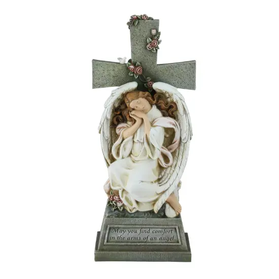 Roman 19" Joseph's Studio Angel Resting on Cross with Inspirational Phase Outdoor Garden Statue Green {1}