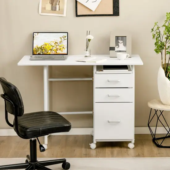 Folding Computer Laptop Desk Wheeled Home Office Furniture White {2}