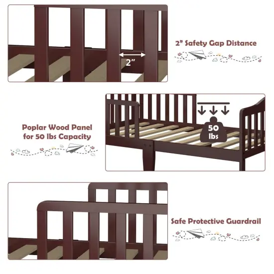 Classic Design Kids Wood Bed Frame with Two Side Safety Guardrails Brown {6}