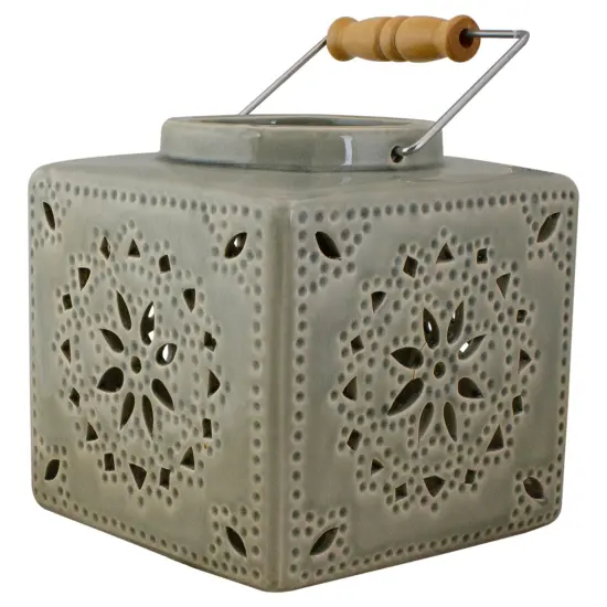 Koopman International 6.75" Light Olive Green Square Crackle Finish Mosaic Cut Out Lantern {1}