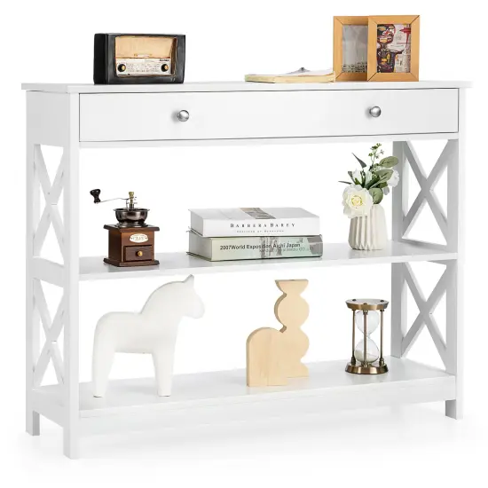 Console Table 3-Tier with Drawer and Storage Shelves White {4}