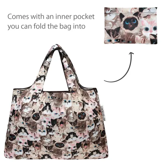 Wrapables Large & Small Foldable Tote Nylon Reusable Grocery Bags, Set of 2 Cuddly Kitties {5}